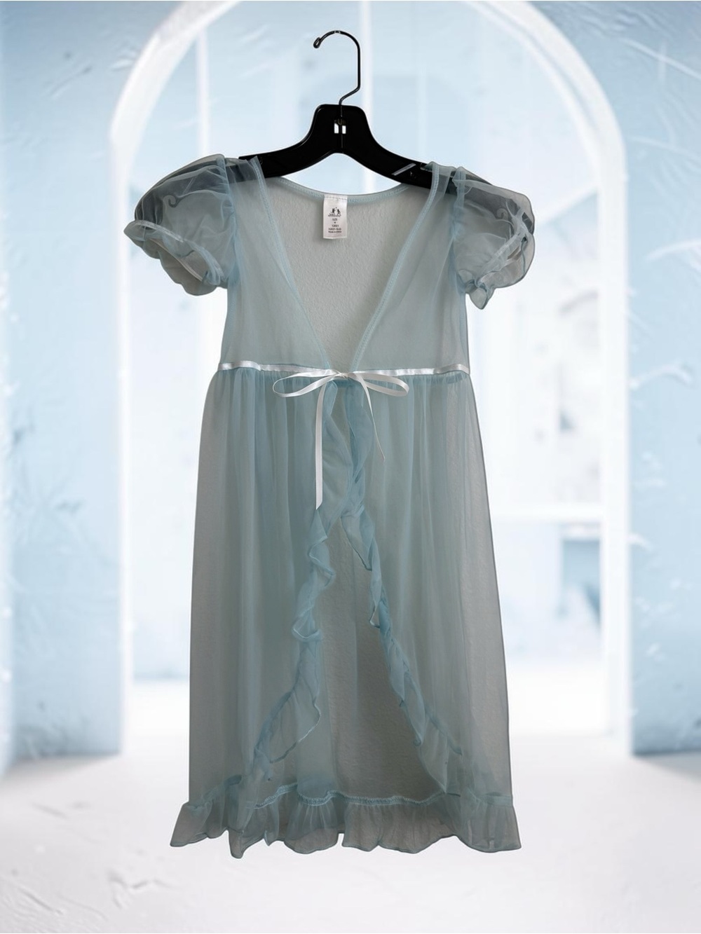Sheer Light Blue Girls' Ruffle Tie-Front Nightgown